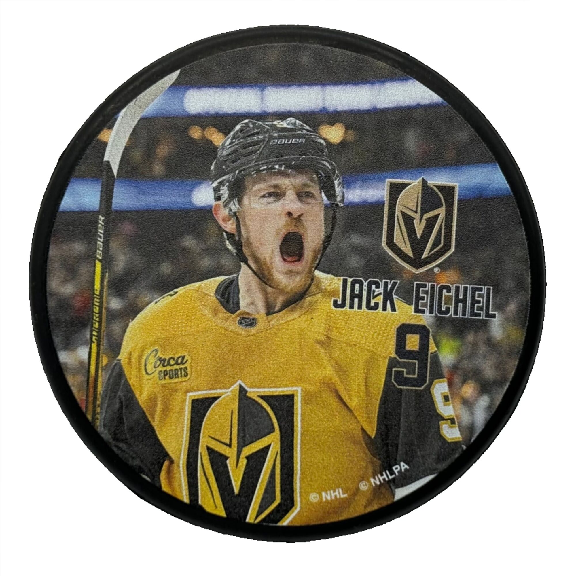 Vegas Golden Knights Jack Eichel Celebration Hockey Puck Autograph Edition