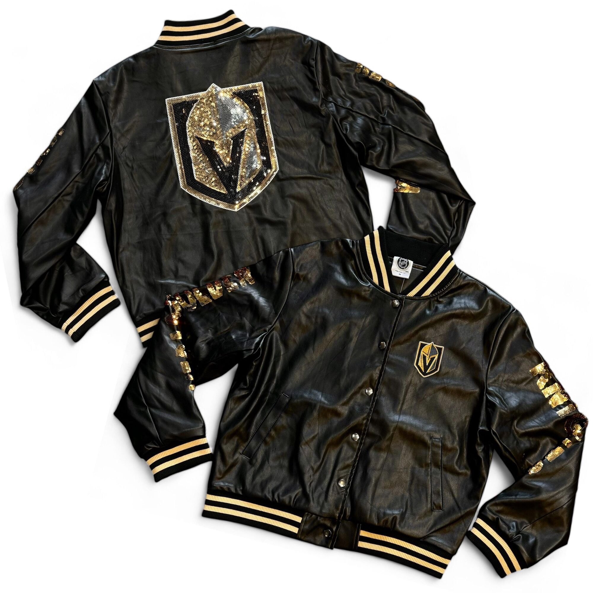 Vegas Golden Knights Women's Vegan Leather Sequin Button Up Jacket - Black