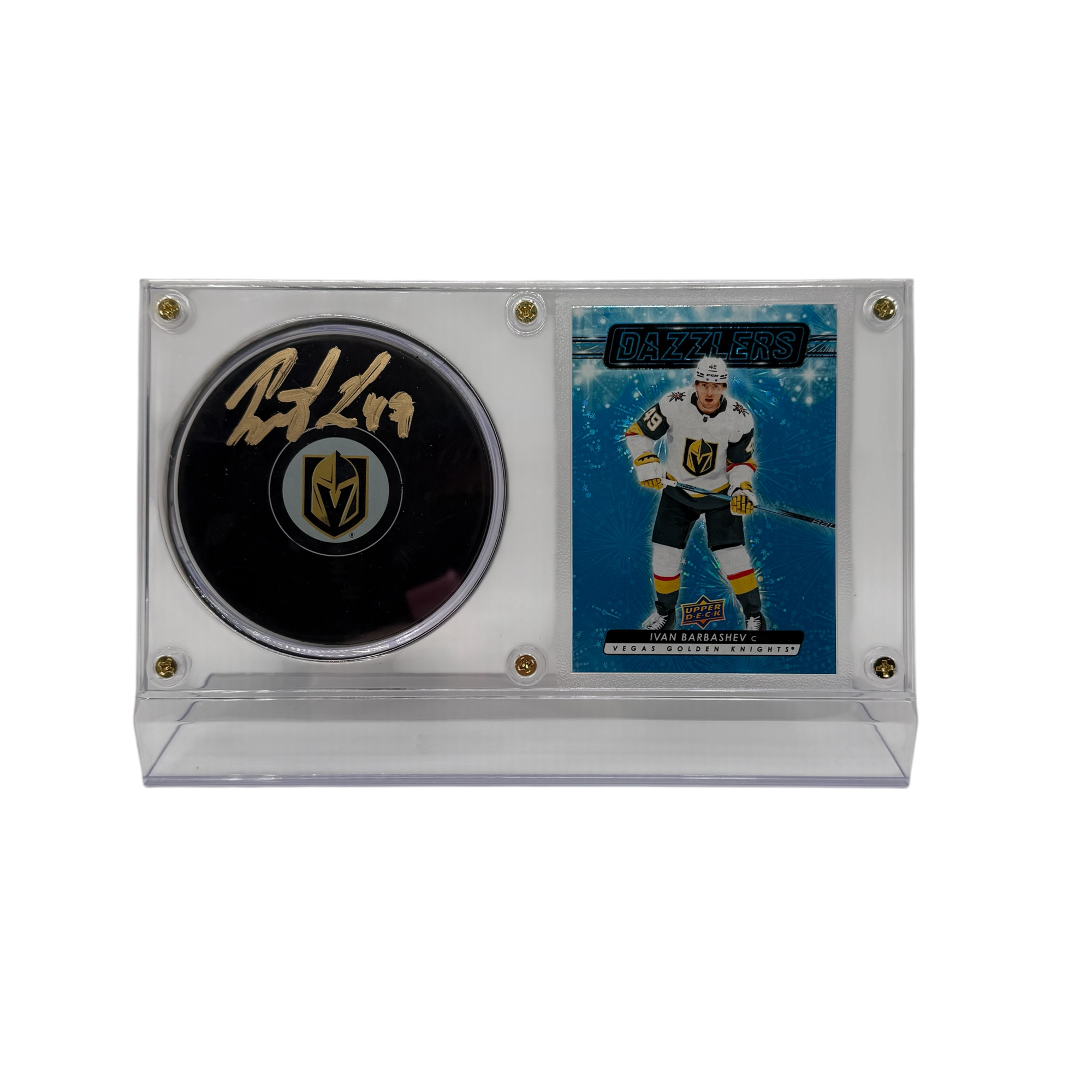 Ivan Barbashev Vegas Golden Knights Autographed Hockey Puck and Trading Card Case-Blue card