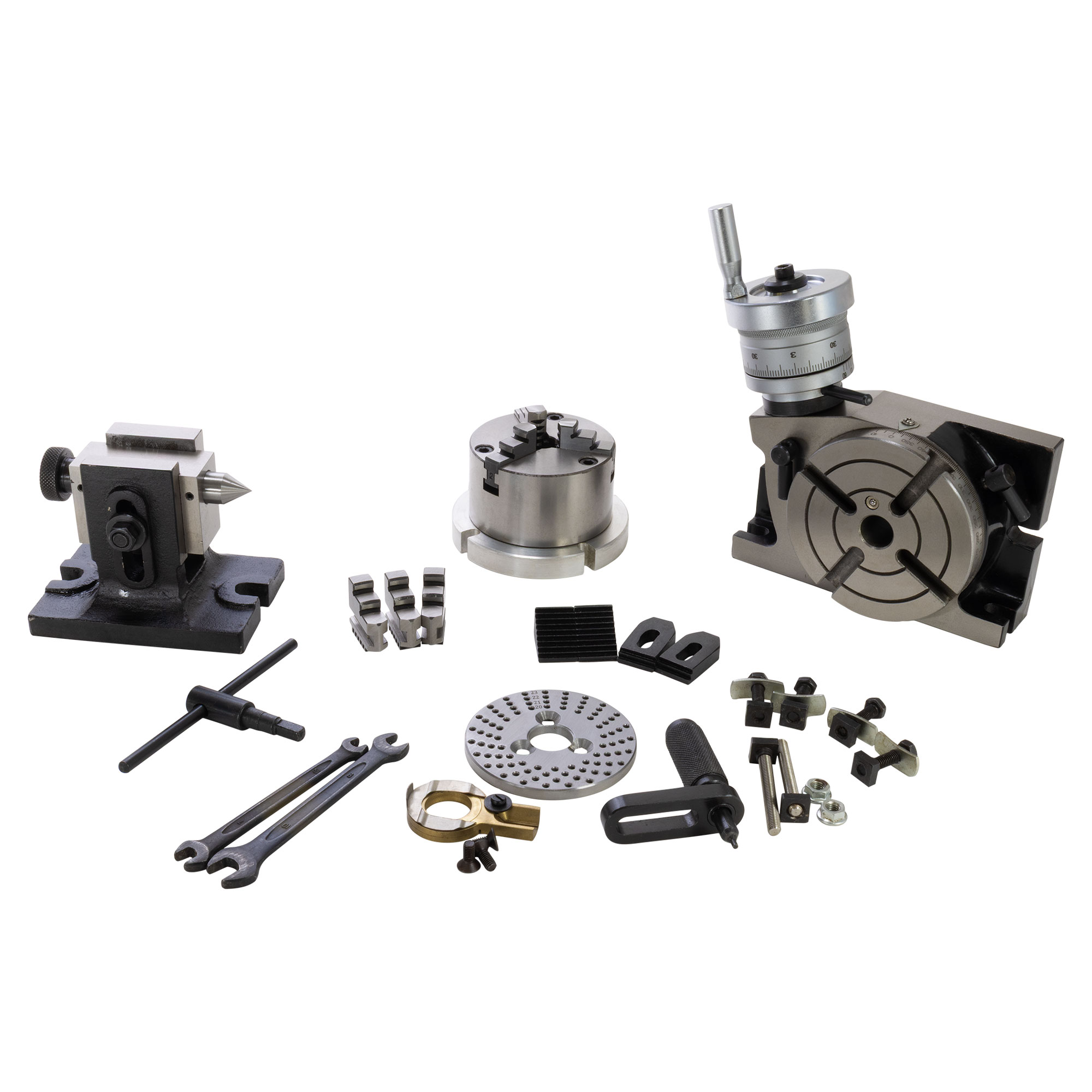 Rotary Table, 4" with Tailstock, Dividing Plate, & 3-Jaw Lathe Chuck